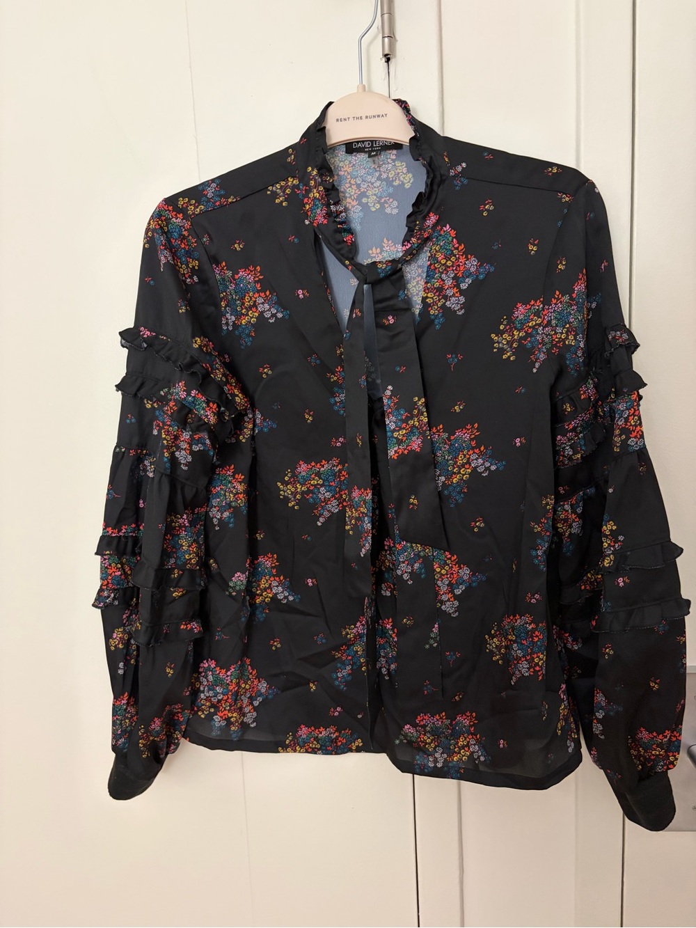 David Lerner Black Floral Ruffle Tie-Neck Blouse with Multicolor Print